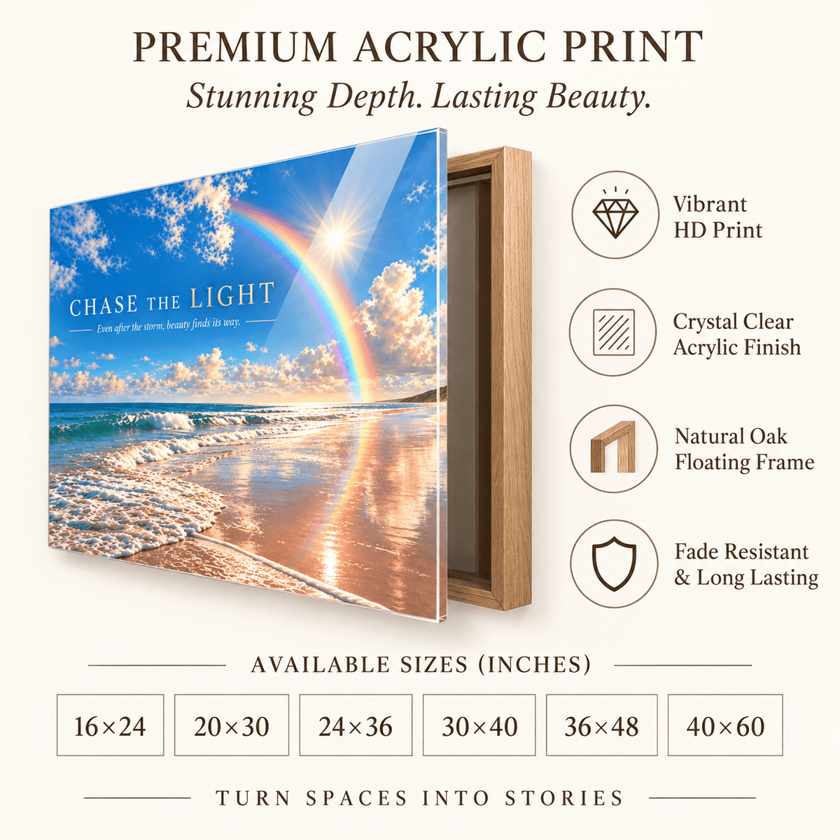 Rainbow wall art – Chase the Light premium acrylic print features infographic with oak floating frame by Rossetti Art