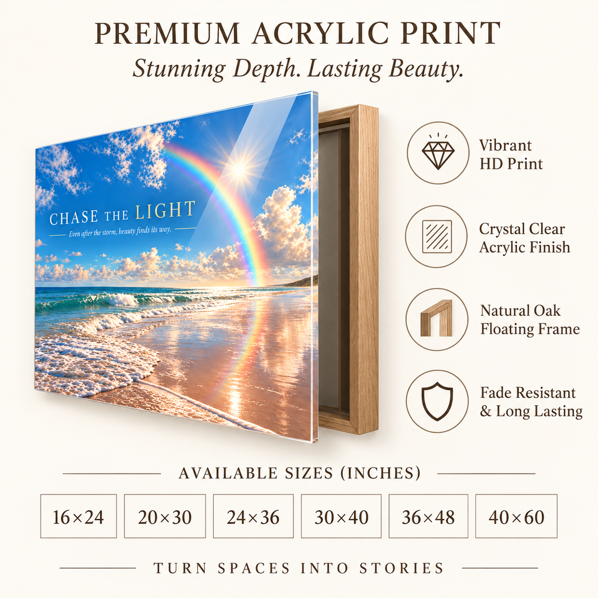 Rainbow wall art – Chase the Light premium acrylic print features infographic with oak floating frame by Rossetti Art