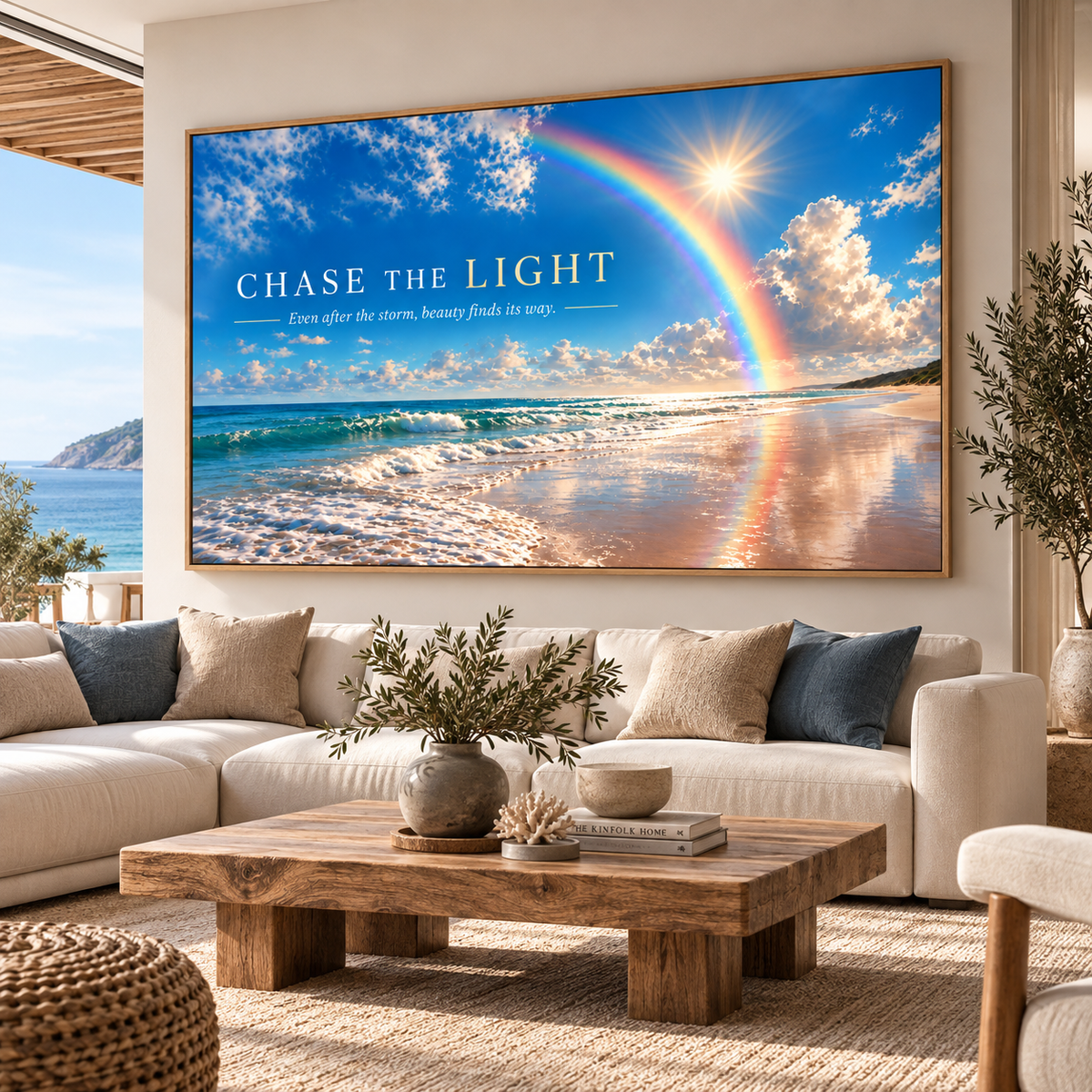 Rainbow wall art – Chase the Light beach and rainbow horizontal acrylic print above a cream sofa in a coastal living room by Rossetti Art