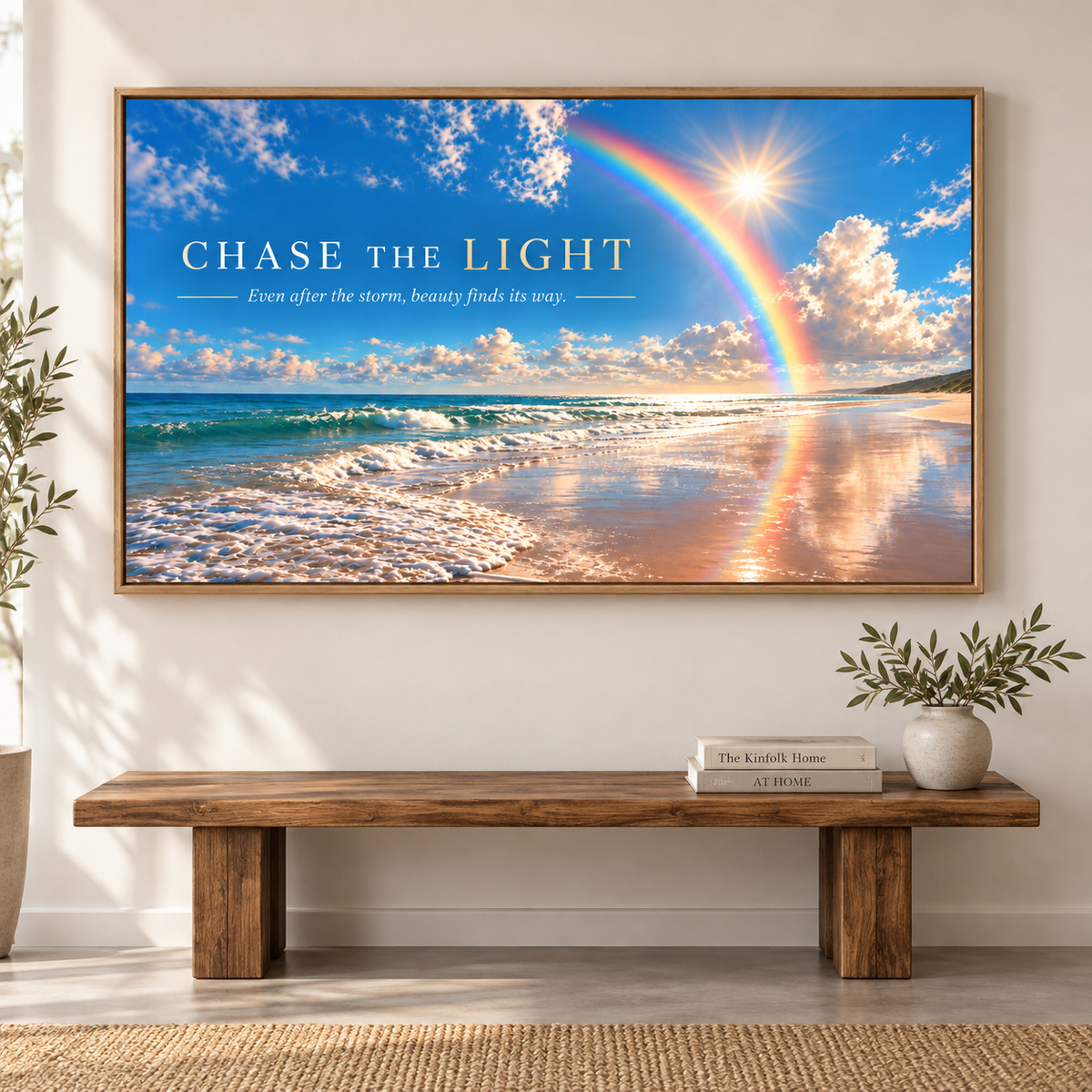 Rainbow wall art – Chase the Light horizontal acrylic print in an oak frame above a rustic wooden bench in an entryway by Rossetti Art