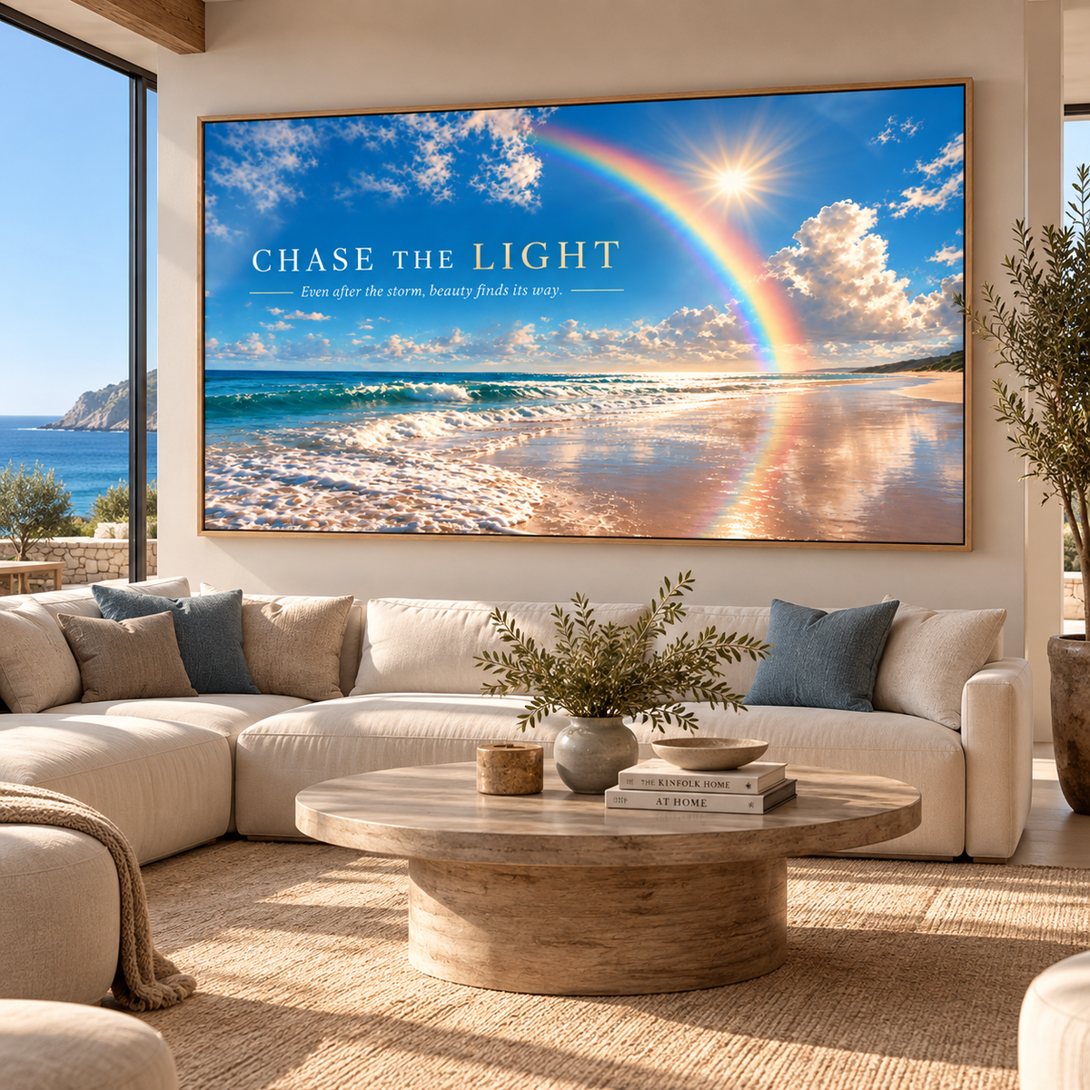 Rainbow wall art – Chase the Light horizontal acrylic print in a living room with a sea view by Rossetti Art