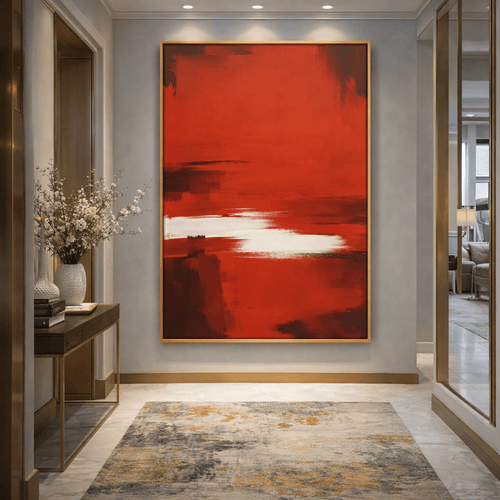 Red Abstract Original Painting on Linen Canvas – Vermilion Horizon by Rossetti Art