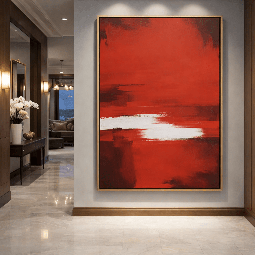 Red Abstract Original Painting on Linen Canvas – Vermilion Horizon by Rossetti Art