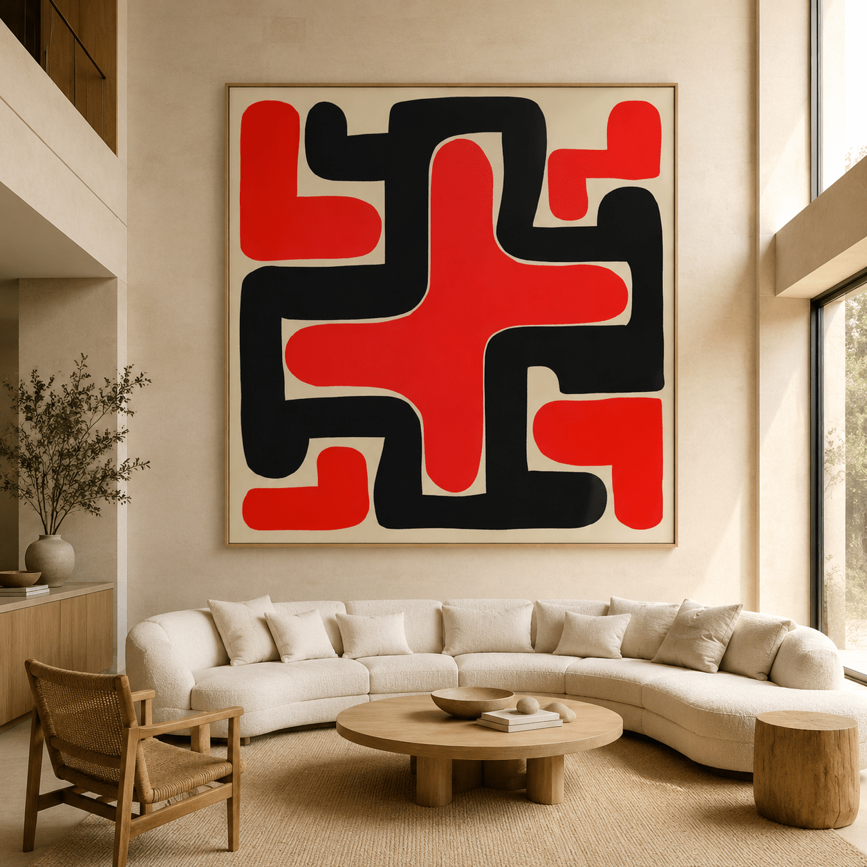 Crossfire Weave red black wall art canvas print above a curved sofa in a modern living room
