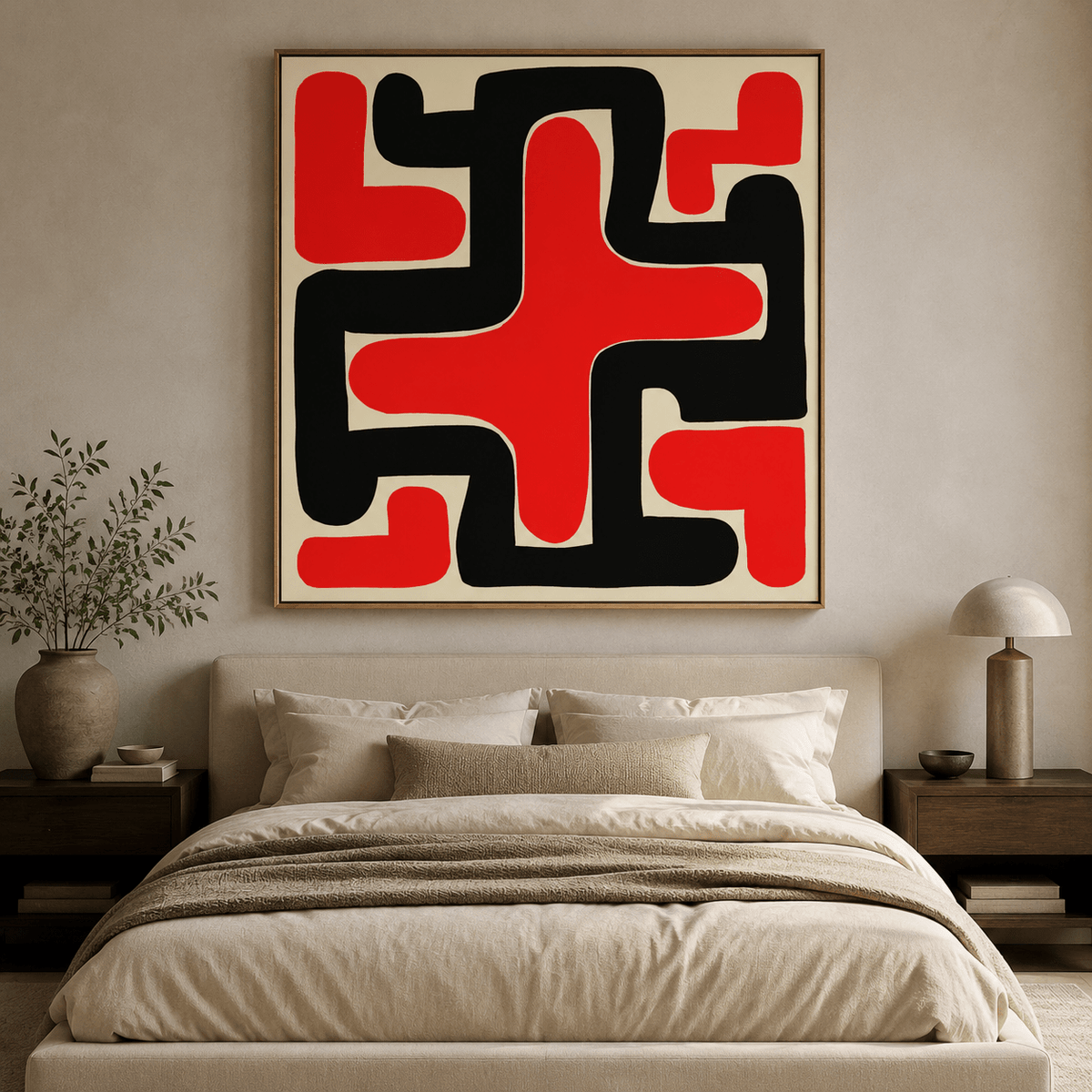 Crossfire Weave red black wall art framed canvas print above a bed in a neutral bedroom