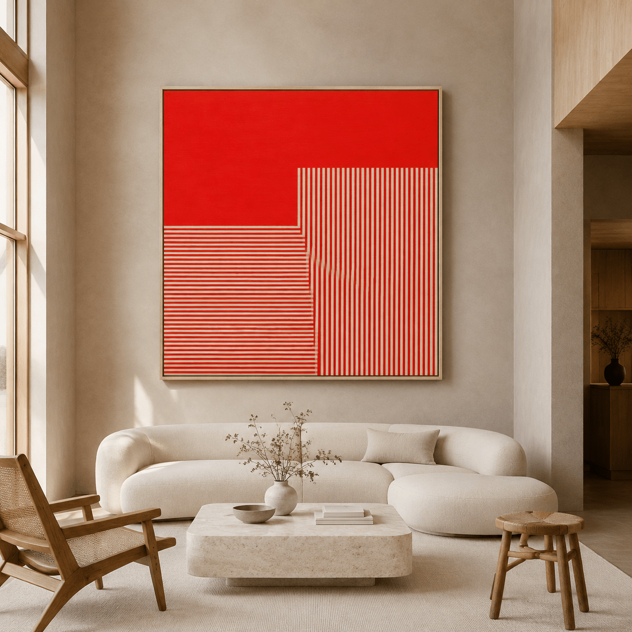 Red geometric wall art above a neutral living room sofa — Crimson Coordinates by Rossetti Art