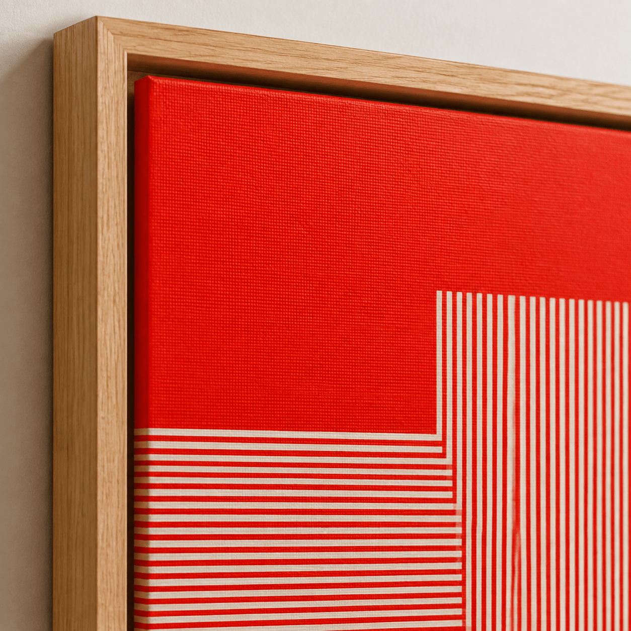 Close-up of Crimson Coordinates red geometric wall art showing ivory optical lines, canvas texture and natural wood frame