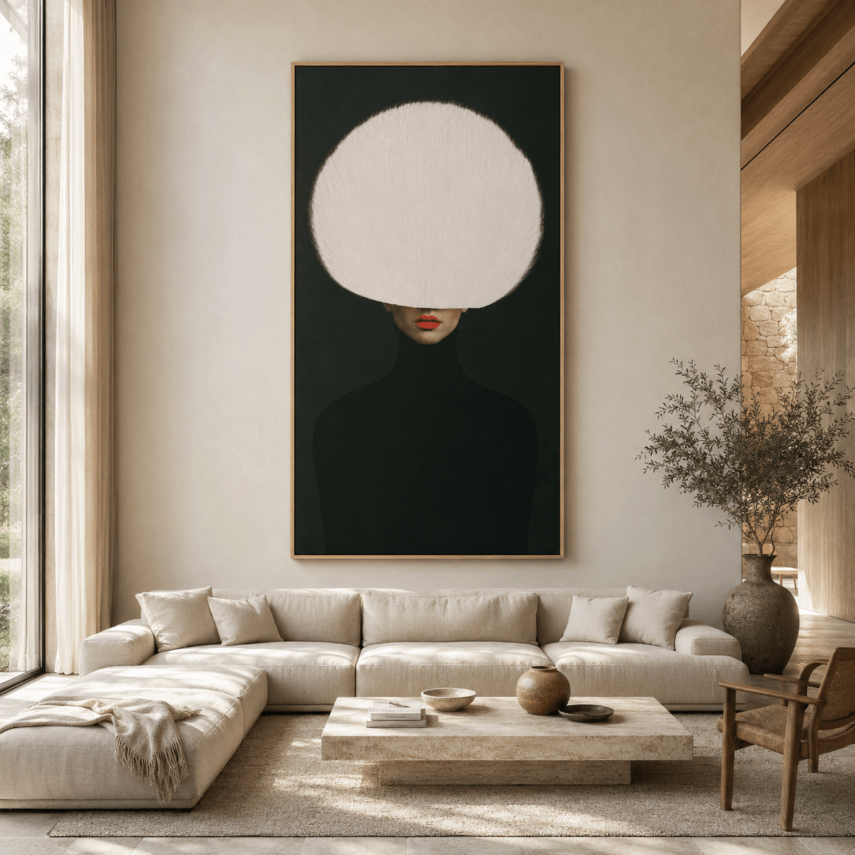 Red Lip Wall Art – Ivory Veil in a neutral modern living room, oak floater frame, by Rossetti Art
