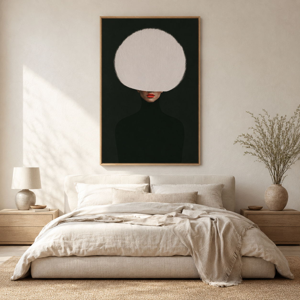 Red Lip Wall Art – Ivory Veil hung as a bedroom statement piece above the bed by Rossetti Art