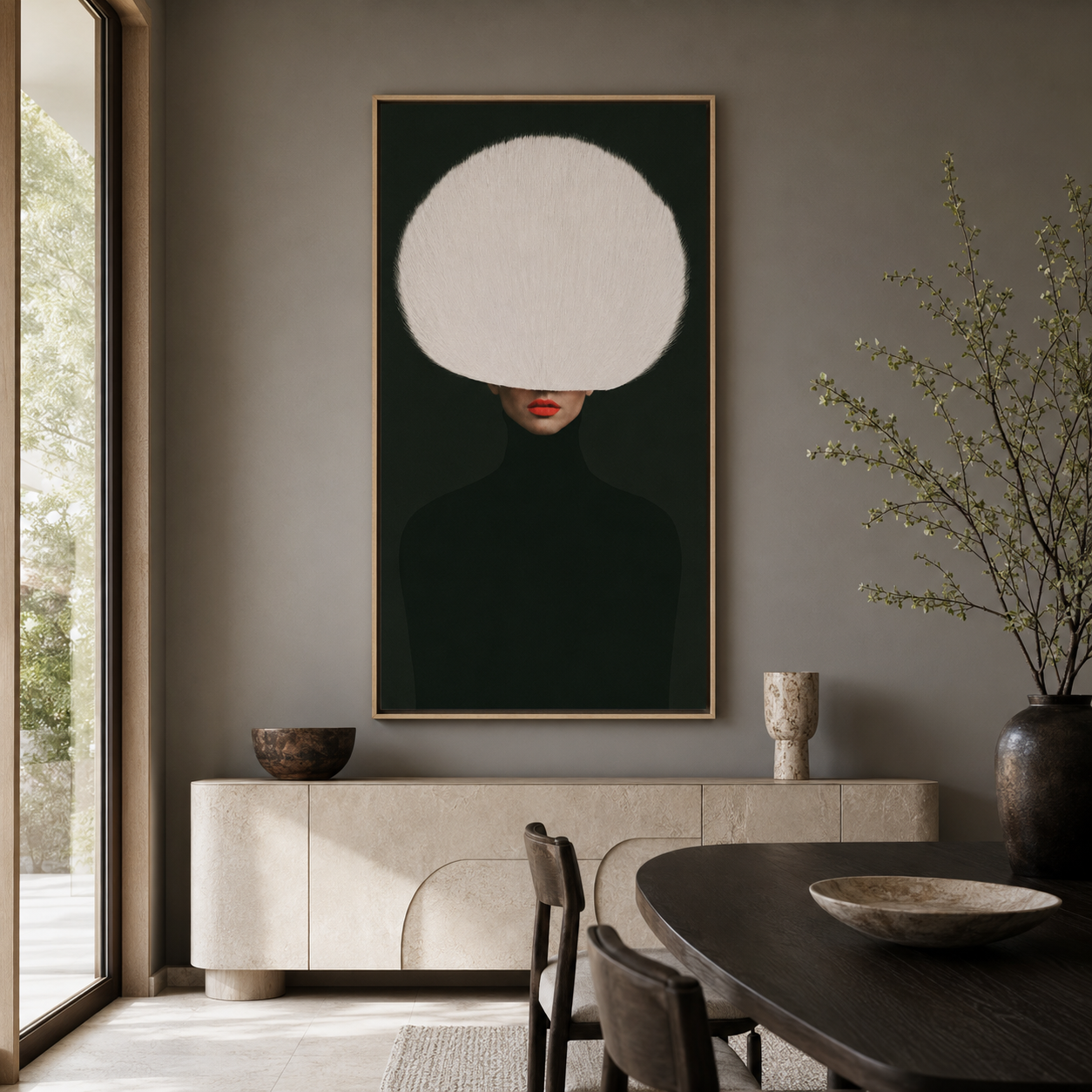 Red Lip Wall Art – Ivory Veil styled above a dark dining room sideboard by Rossetti Art