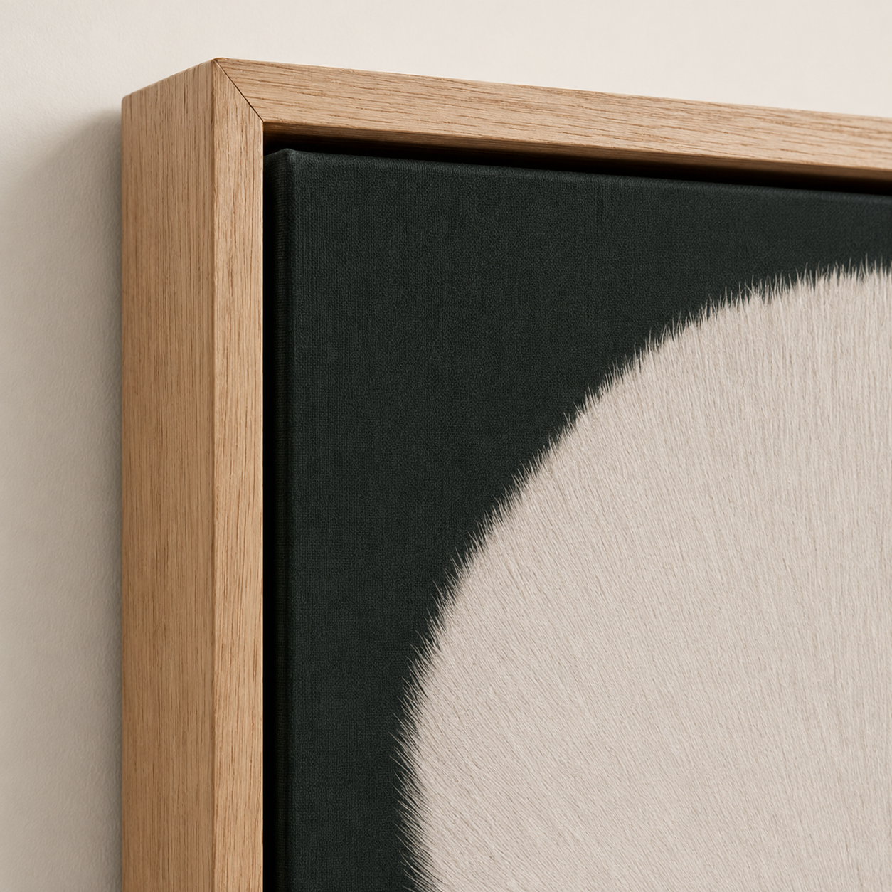 Oak hardwood floater frame corner detail on the Red Lip Wall Art – Ivory Veil canvas print by Rossetti Art