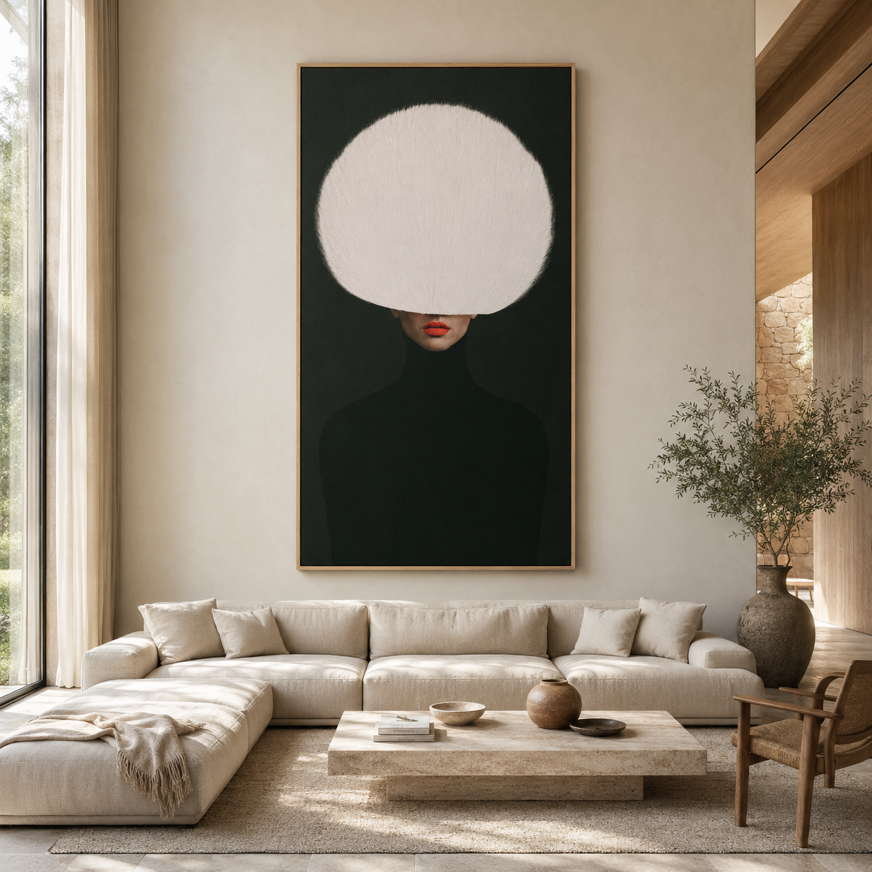 Red Lip Wall Art – Ivory Veil in a neutral modern living room, oak floater frame, by Rossetti Art