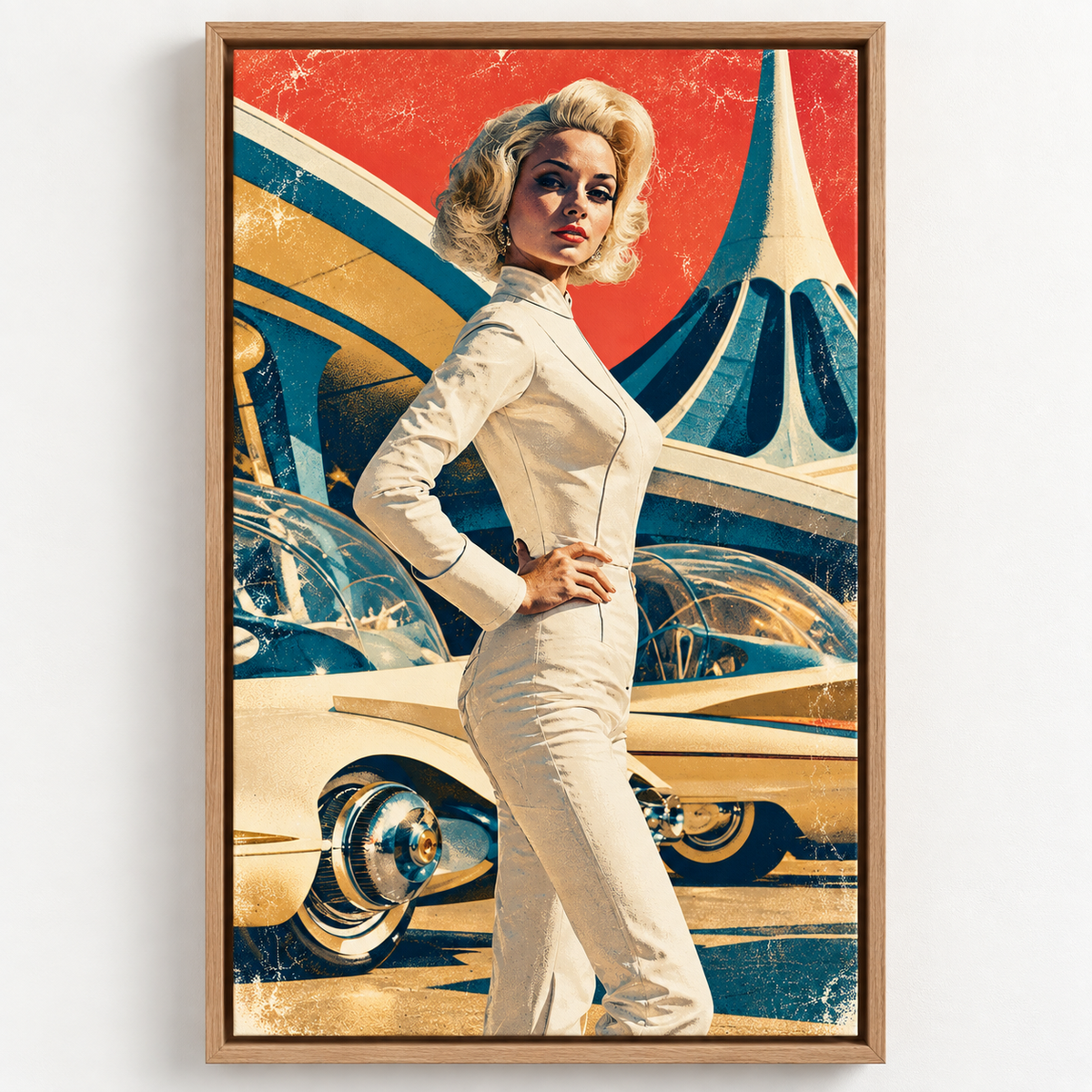 Retro Futuristic Art Canvas Print – Chrome Muse by Rossetti Art, oak floater frame