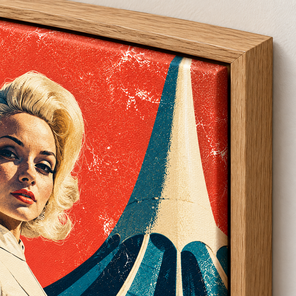 Close-up of the oak floater frame on the Chrome Muse retro futuristic art canvas print