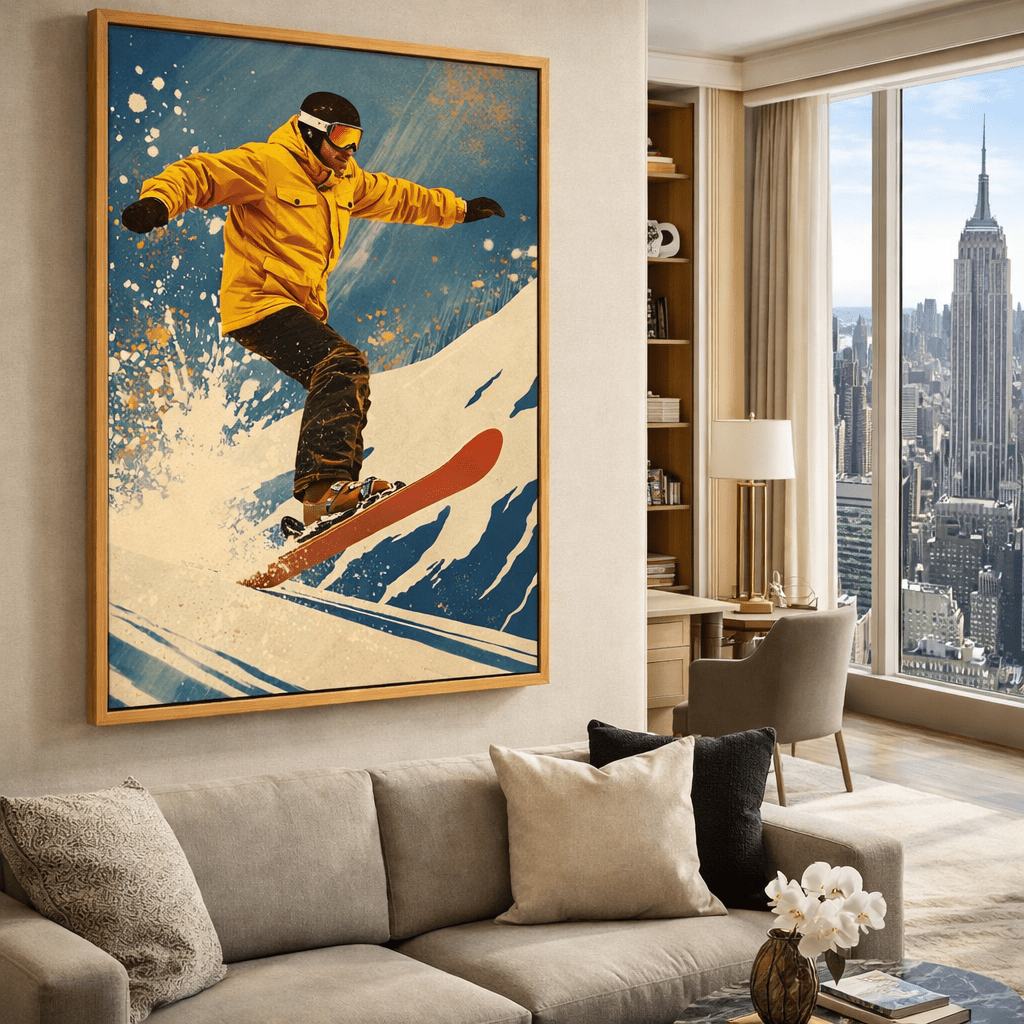 Retro Snowboarder Canvas Print Art – Vintage Winter Sports Wall Art for Modern Cabin & Lodge Decor | Rossetti Art modern abstract canvas wall art by Rossetti Art – luxury interior design artwork for living room, bedroom, office – modern abstract modern abstract artwork modern abstract wall art