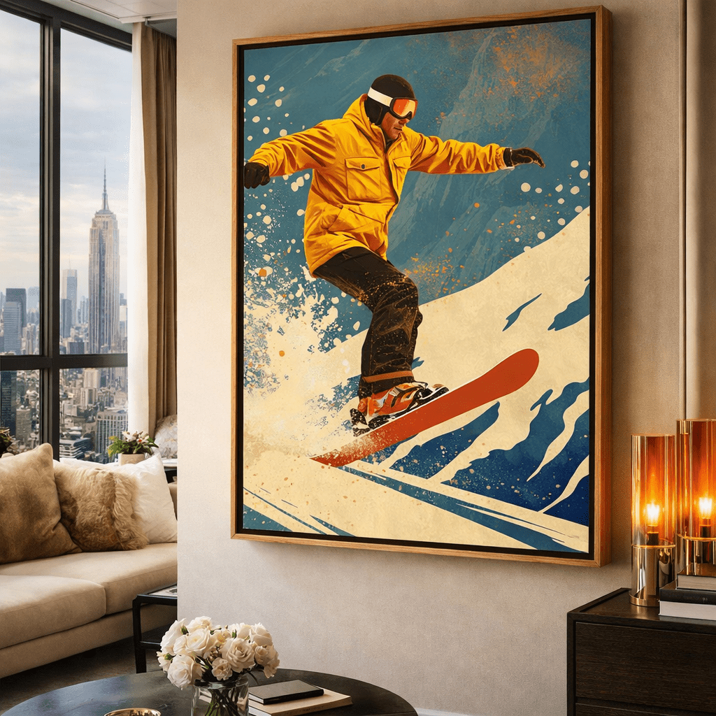 Retro Snowboarder Canvas Print Art – Vintage Winter Sports Wall Art for Modern Cabin & Lodge Decor | Rossetti Art modern abstract canvas wall art by Rossetti Art – luxury interior design artwork for living room, bedroom, office – modern abstract modern abstract artwork modern abstract wall art