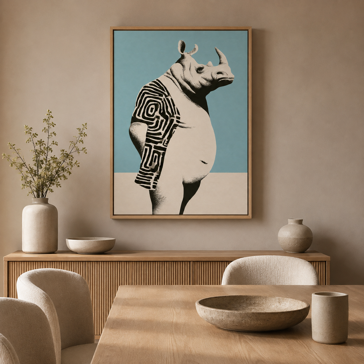 Rhino Wall Art — Labyrinth Hide canvas print in a dining room