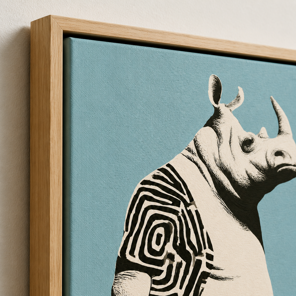 Rhino Wall Art — Labyrinth Hide canvas print frame corner detail
