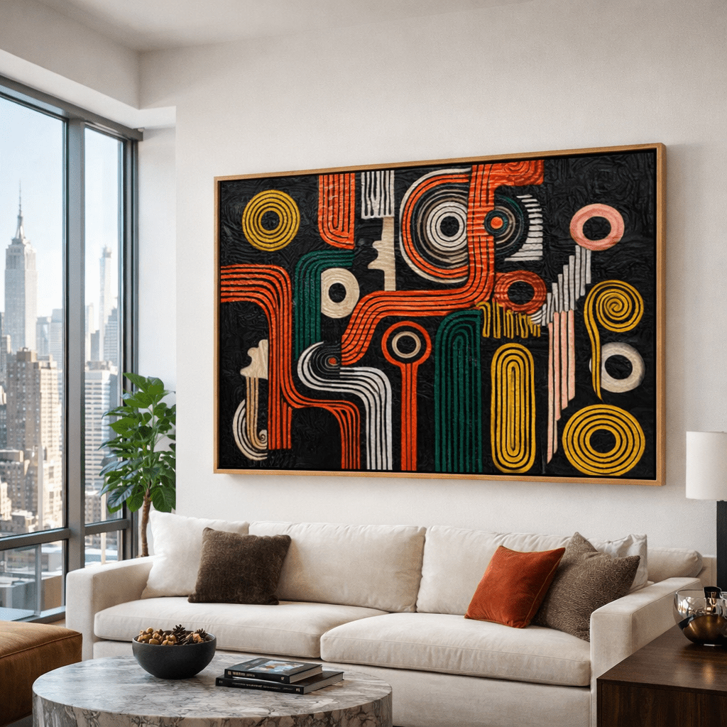 Rhythm Circuit Abstract Canvas Print Art – Red, Teal & Gold Geometric Wall Art, Gallery - Quality Framed Canvas modern abstract canvas wall art by Rossetti Art – luxury interior design artwork for living room, bedroom, office – abstractnew horizontal horizontal art print