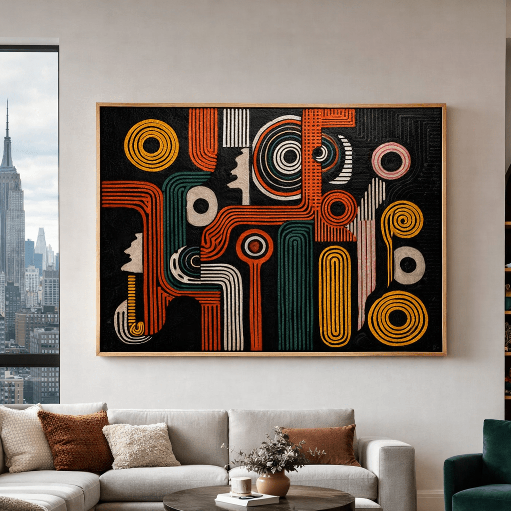 Rhythm Circuit Abstract Canvas Print Art – Red, Teal & Gold Geometric Wall Art, Gallery - Quality Framed Canvas modern abstract canvas wall art by Rossetti Art – luxury interior design artwork for living room, bedroom, office – abstractnew horizontal horizontal art print