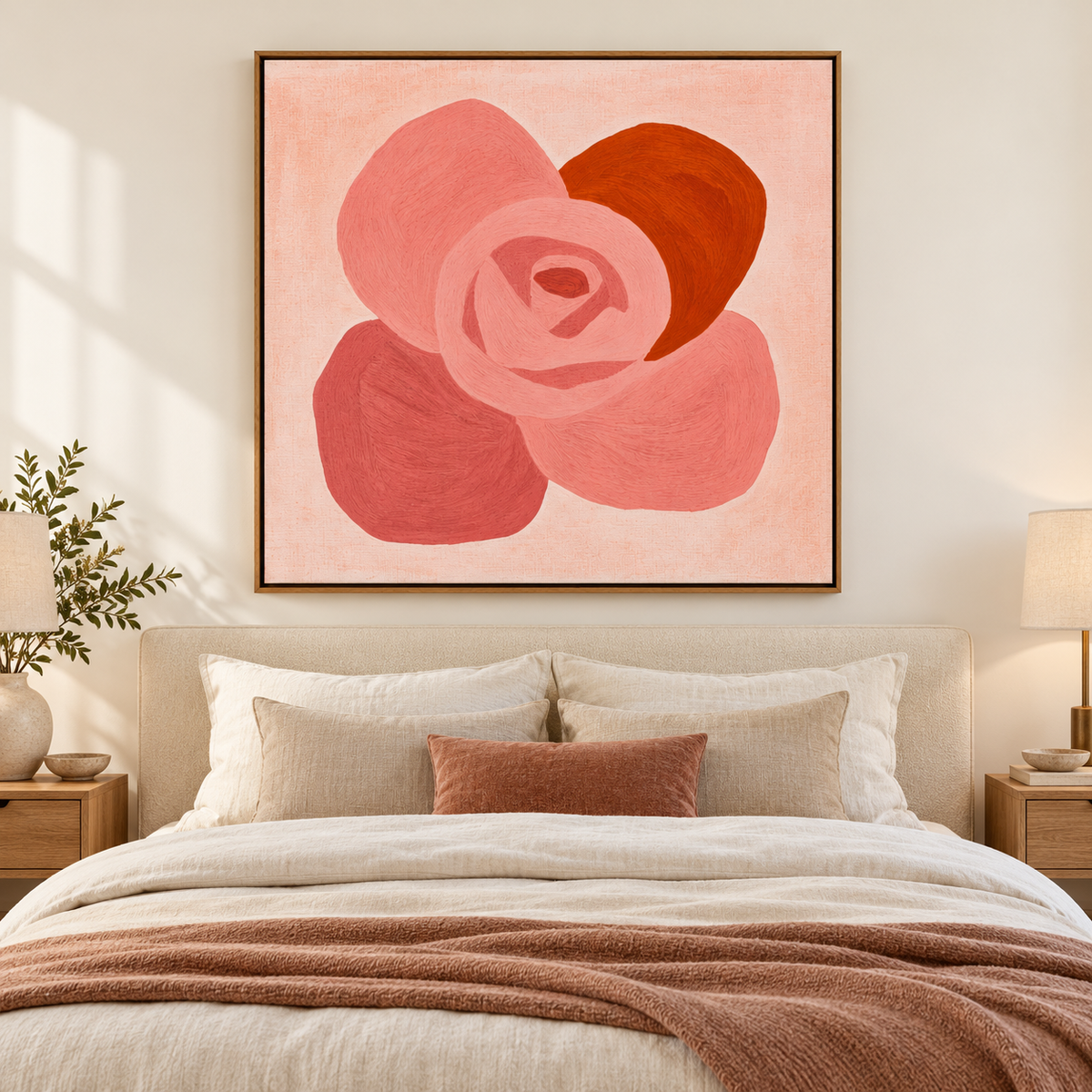 Rose wall art Blush Rosette above a bed in a bedroom – Rossetti Art