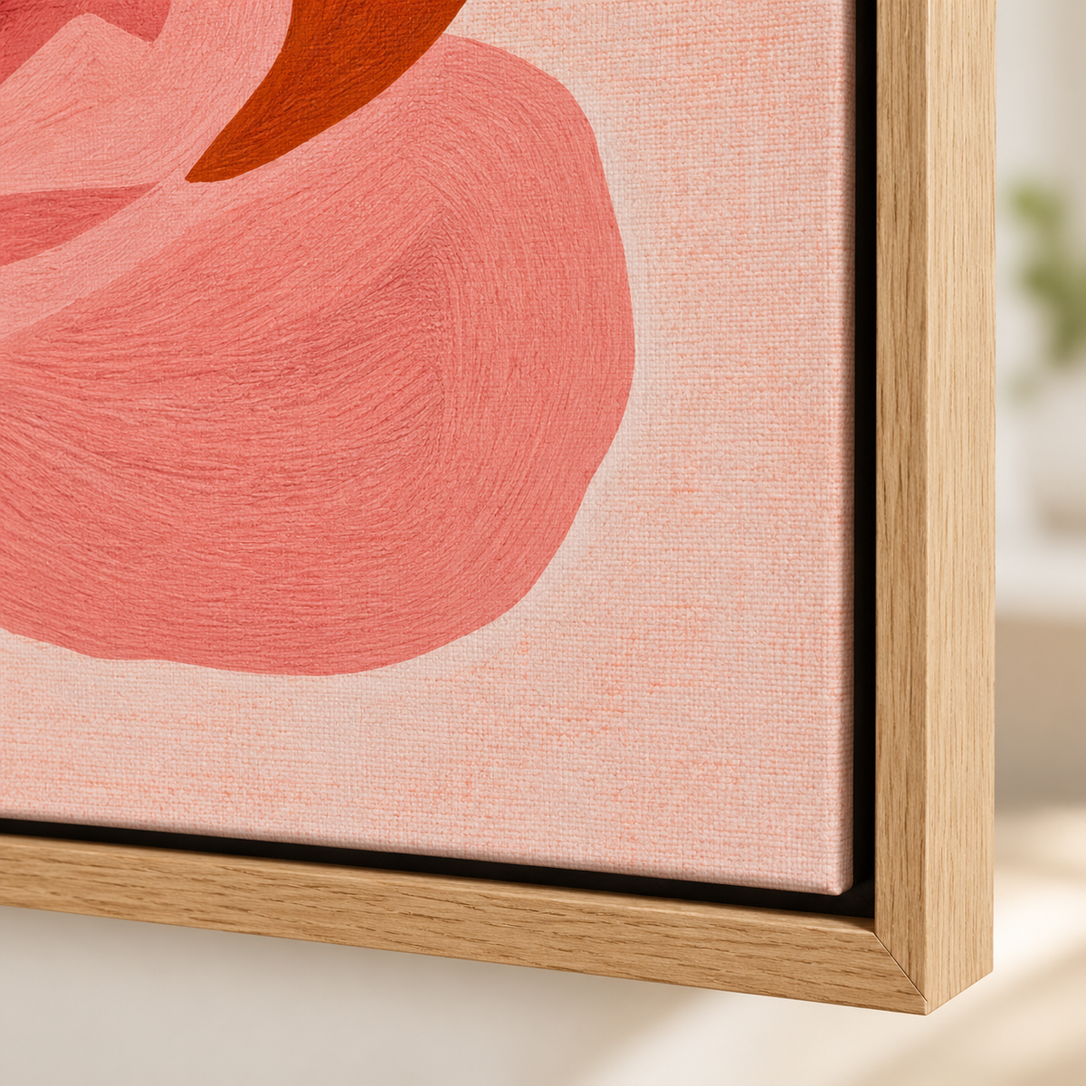 Corner detail of the Blush Rosette rose canvas print showing the canvas texture – Rossetti Art