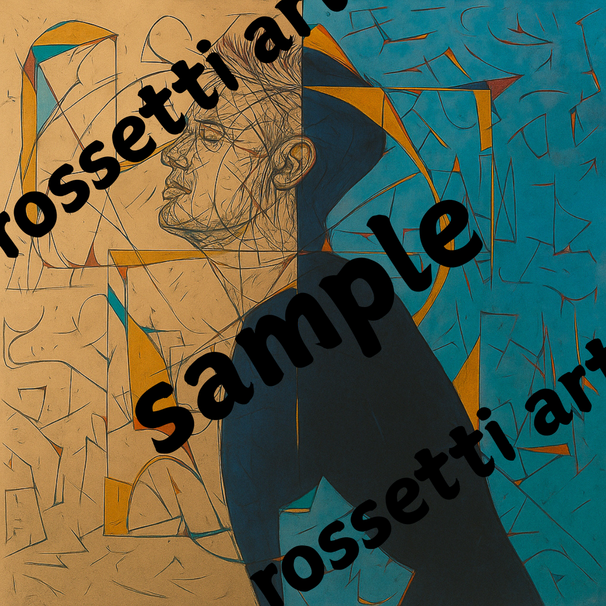 Abstract canvas art of a male portrait with fragmented sketch lines, beige and teal split background, and geometric modern cubist style