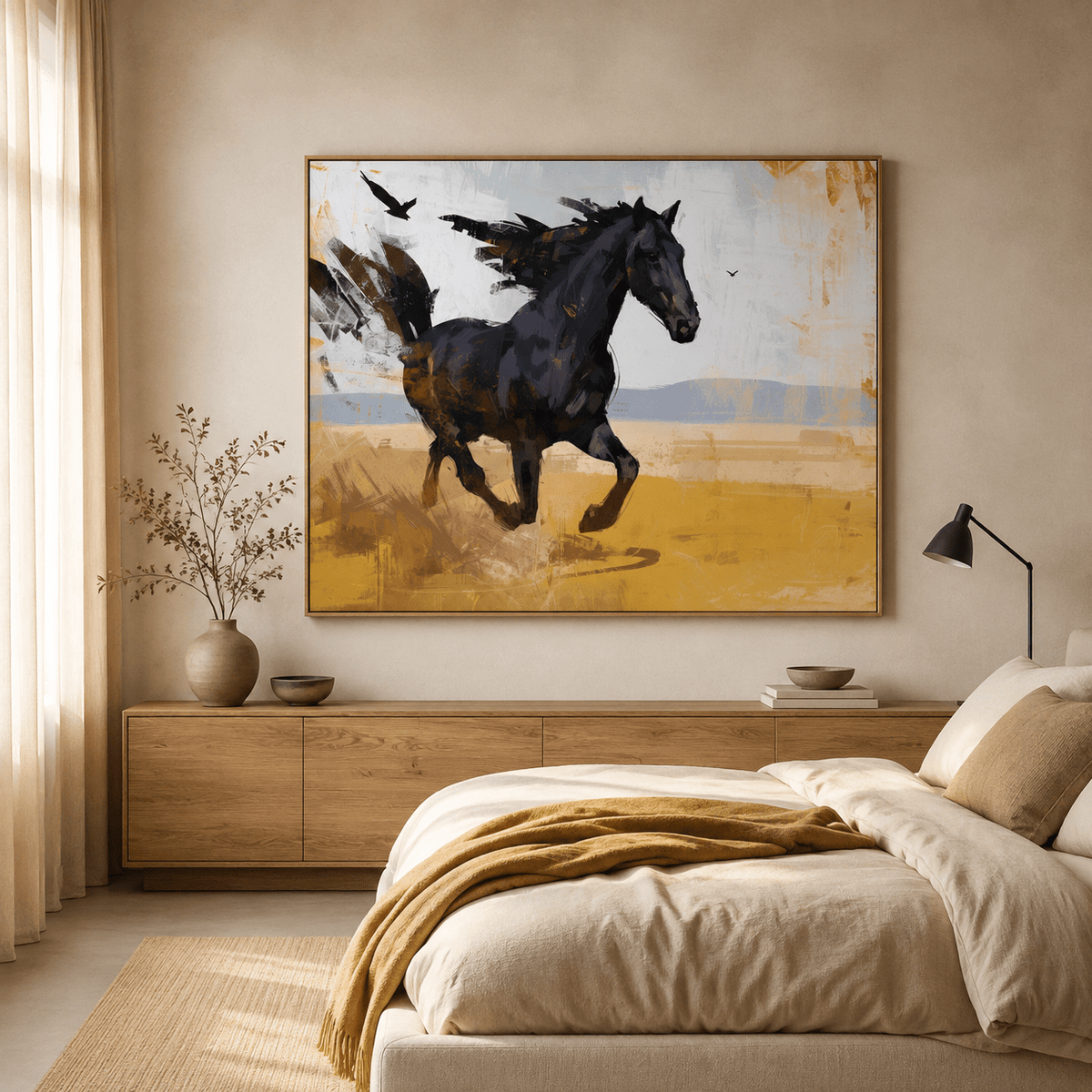 Black horse painting hung above a bed in a warm, neutral bedroom