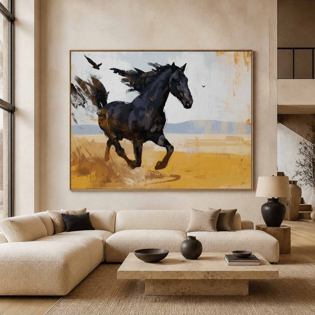 Running horse painting, Midnight Gallop, displayed above a sofa in a modern living room