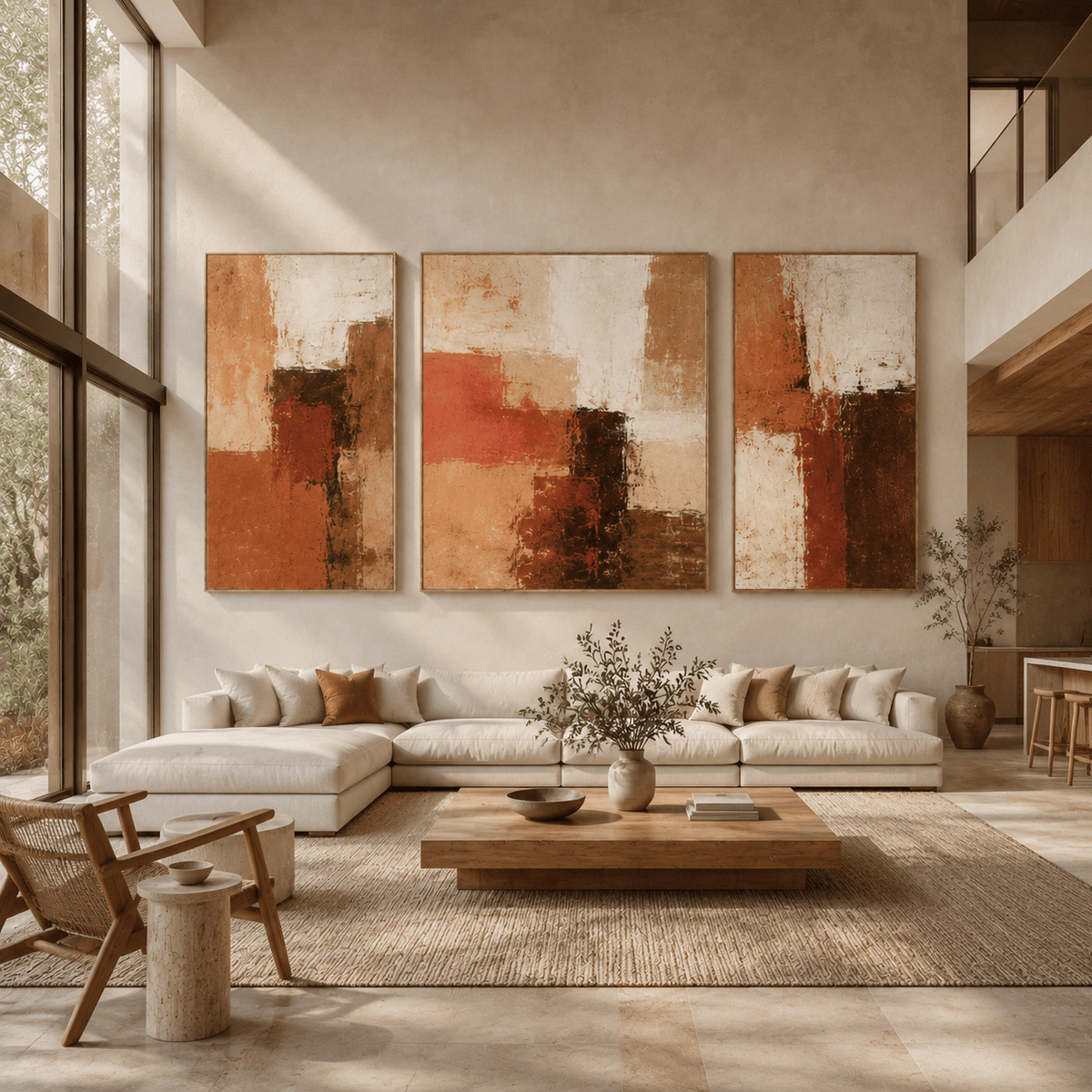 Rust wall art canvas set styled above a living room sofa – Amber Divide by Rossetti Art
