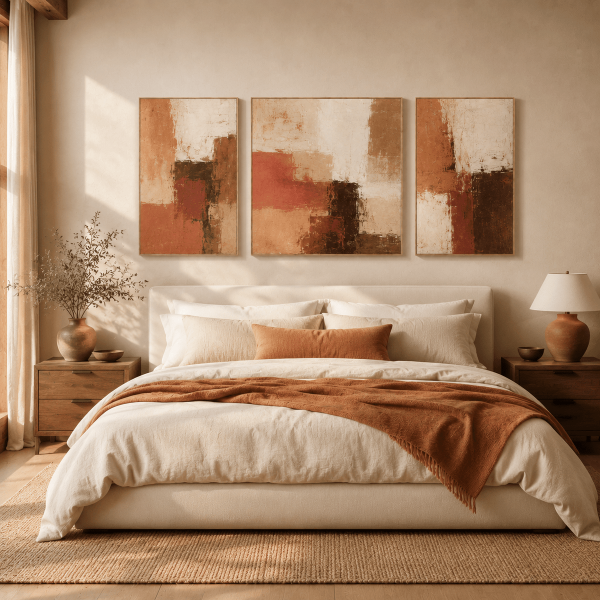 Rust wall art canvas set above a bedroom headboard – Amber Divide by Rossetti Art