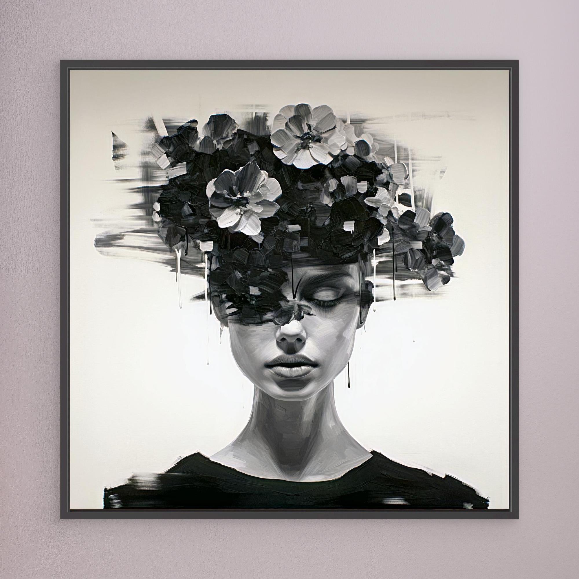 Canvas Print: Noir Bloom – Surreal Floral Portrait Wall Art