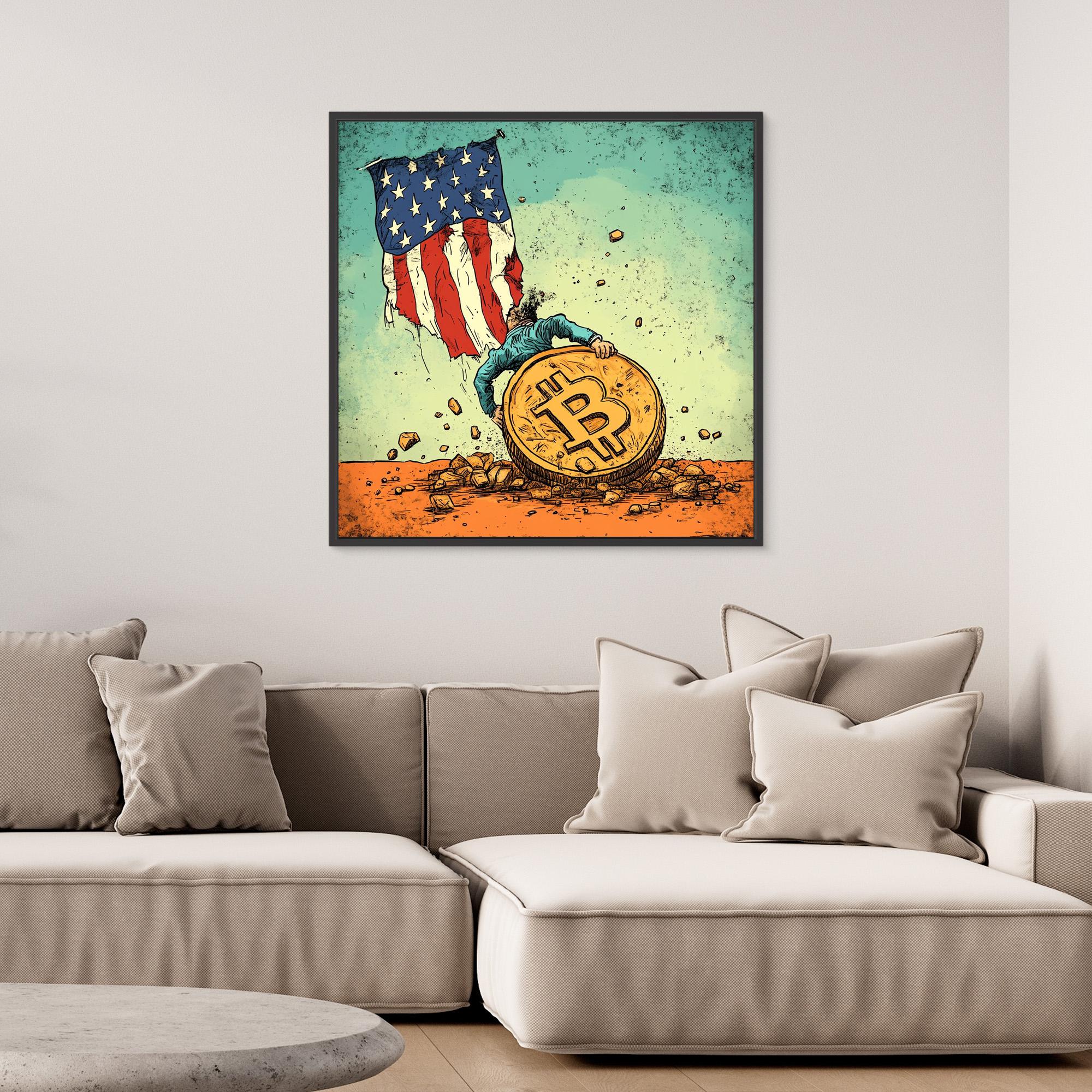 Canvas Print : Bitcoin vs. Tradition: Bold Political Satire Print Artwork