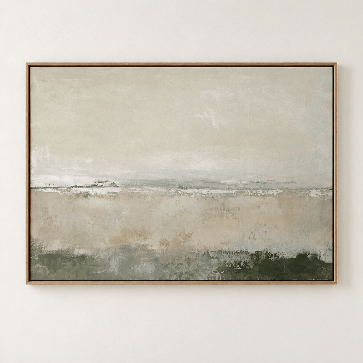 Quiet Horizon abstract painting detail — muted sage, beige and ivory horizon bands
