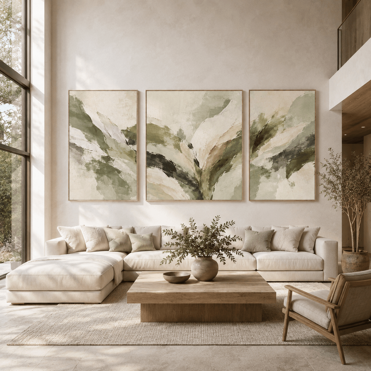 Sage green abstract art canvas set above a bedroom headboard – Quiet Canopy by Rossetti Art