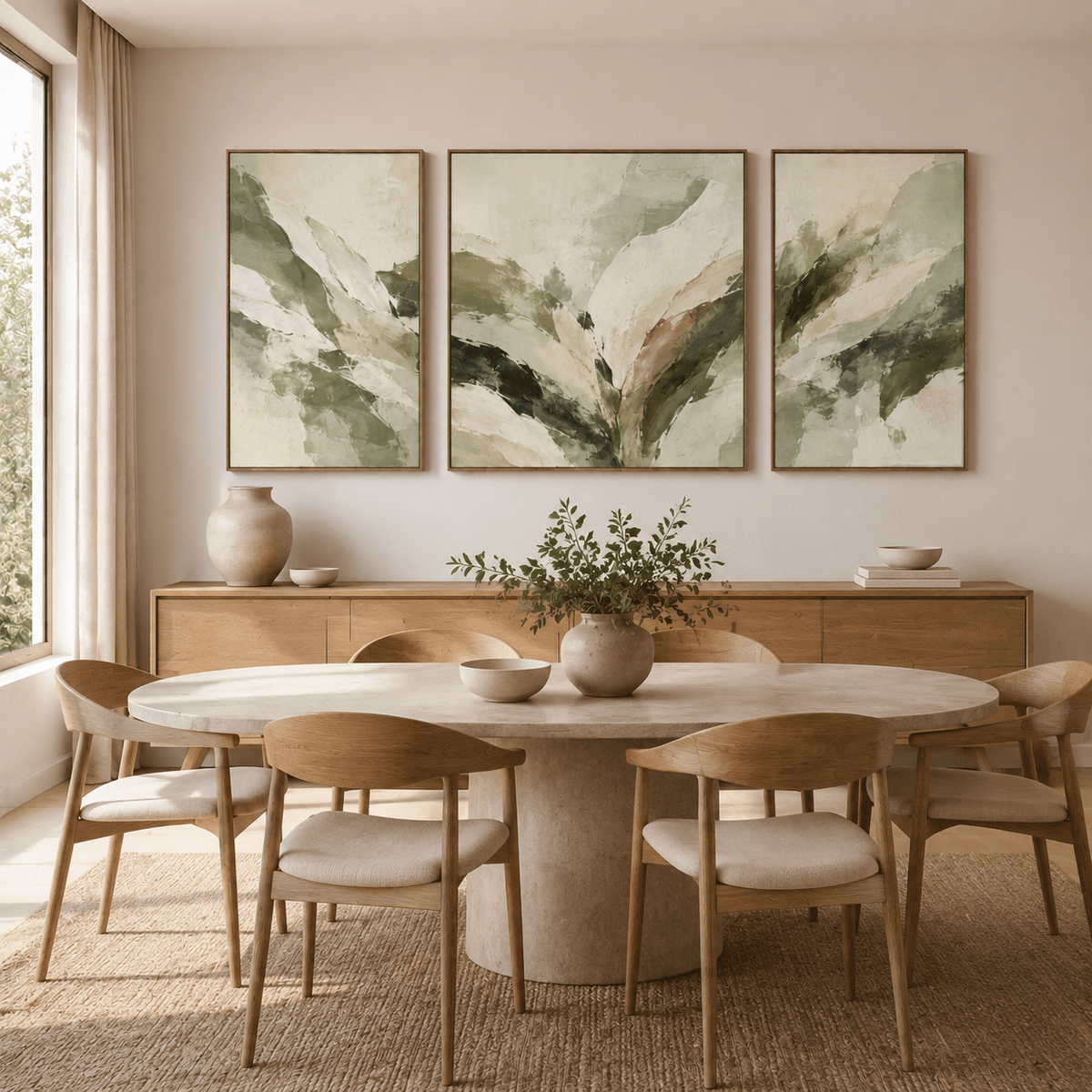 Sage green abstract art canvas set in a dining room above a console – Quiet Canopy by Rossetti Art