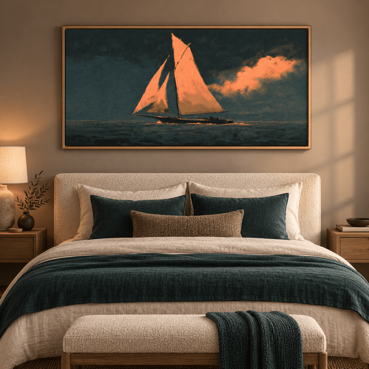 Sailboat painting above a bedroom headboard – Coral Wind by Rossetti Art