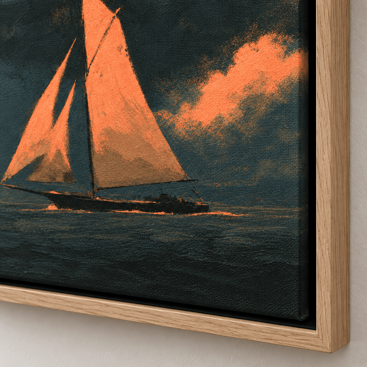 Close-up detail of the textured brushwork and oak float frame on Coral Wind by Rossetti Art