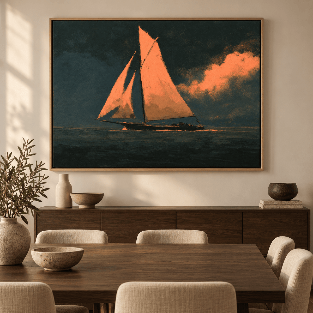 Sailboat painting above a dining room sideboard – Coral Wind by Rossetti Art