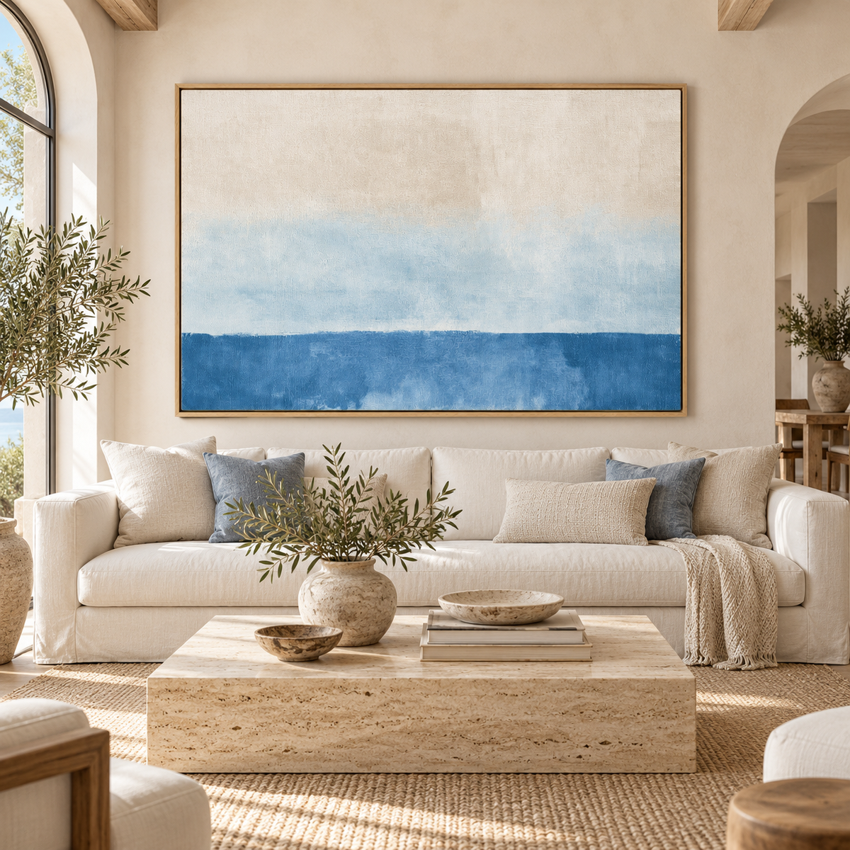 Salt wash blue and beige canvas print Linen Horizon above a cream sofa in a living room – Rossetti Art