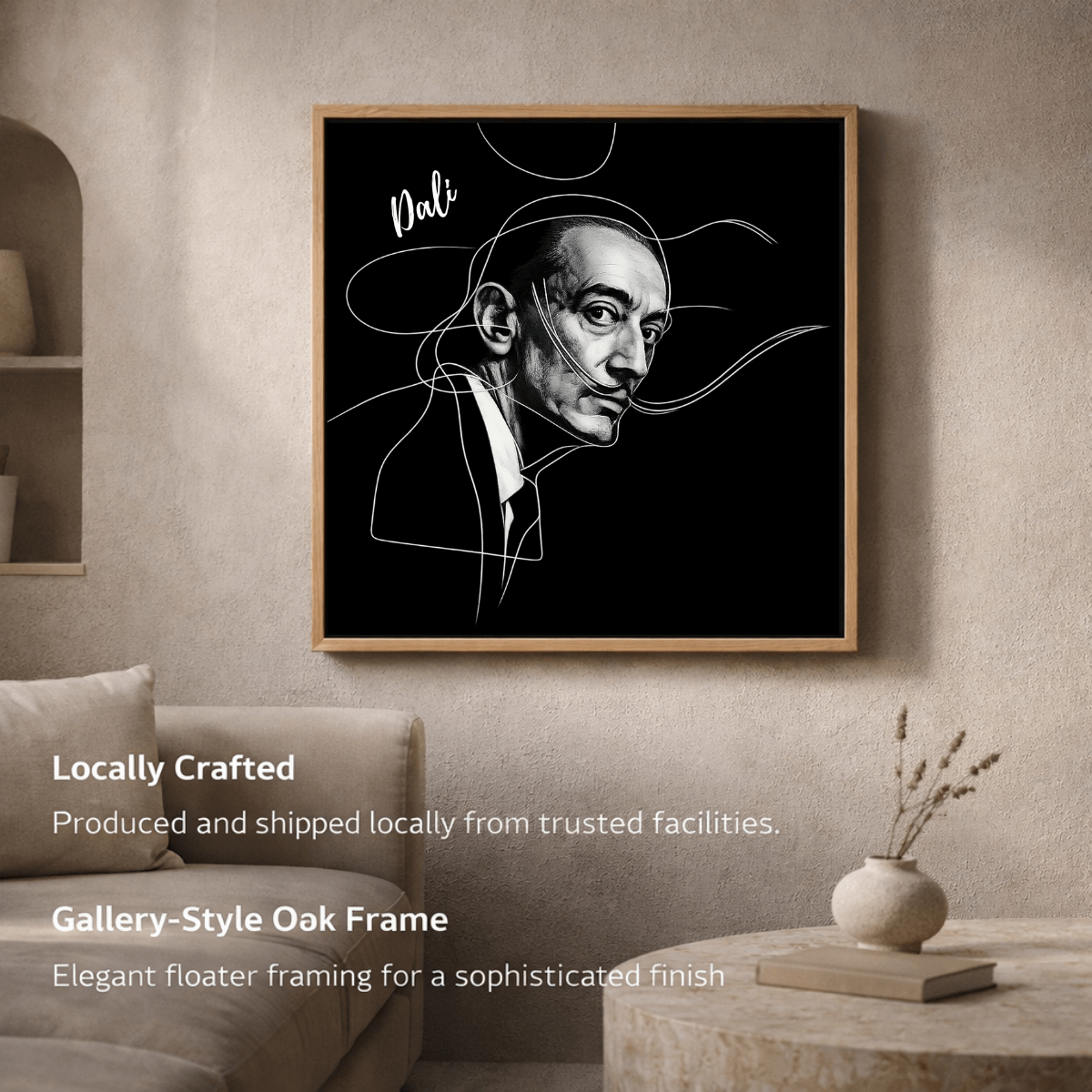 Salvador Dali Portrait Canvas Print – Dali Noir Reverie By Rossetti Art modern abstract canvas wall art by Rossetti Art – luxury interior design artwork for living room, bedroom, office – black&white Dining Room Wall Art Entryway Wall Art