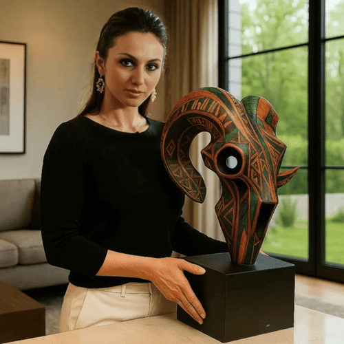 Sculpture Art : African Ram - Handmade Ram Mask Sculpture modern abstract canvas wall art by Rossetti Art – luxury interior design artwork for living room, bedroom, office – African inspired sculpture animal head art artistic statement piece