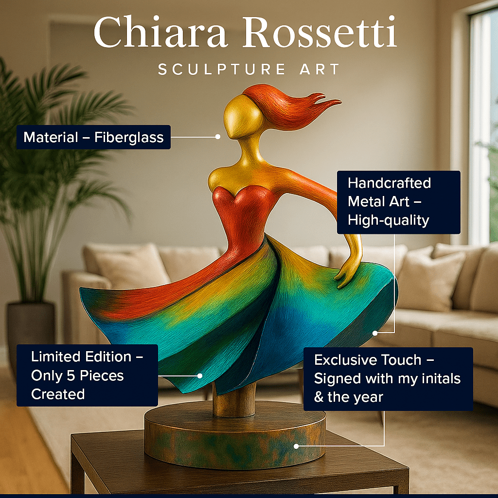 Sculpture Art : Dancing Woman Sculpture - Colorful Fiberglass Art for Modern Decor modern abstract canvas wall art by Rossetti Art – luxury interior design artwork for living room, bedroom, office – abstract figure sculpture artistic home accessories artistic statement piece