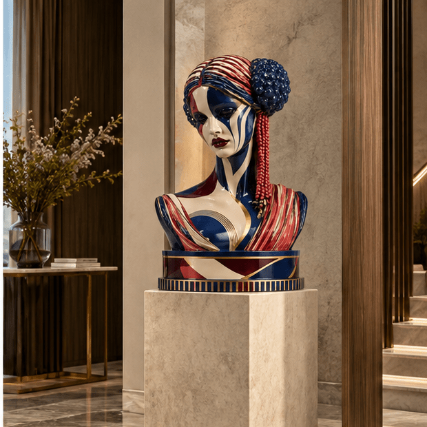 Female Bust Sculpture – Painted Crown in modern hallway setting