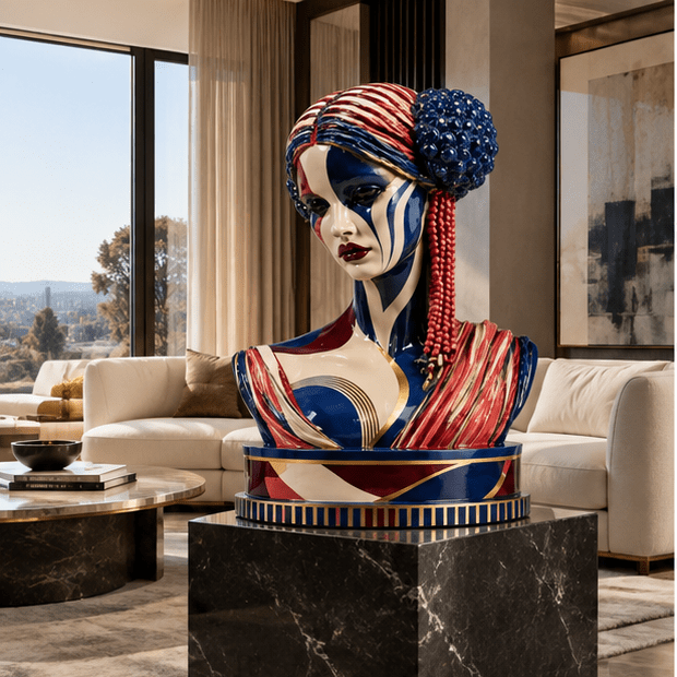 Female Bust Sculpture – Painted Crown in luxury living room interior