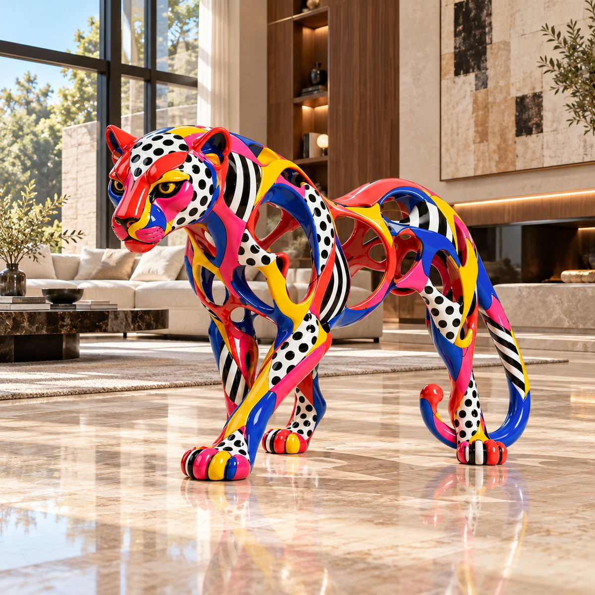 Panther Statue – Carnival Prowl by Rossetti Art – large colorful panther sculpture in a luxury living room