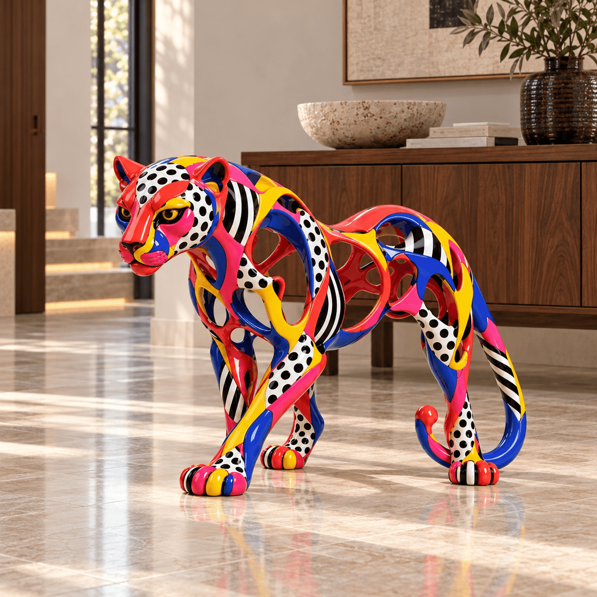 Panther Statue – Carnival Prowl by Rossetti Art – pop art panther sculpture in an entryway beside a walnut sideboard