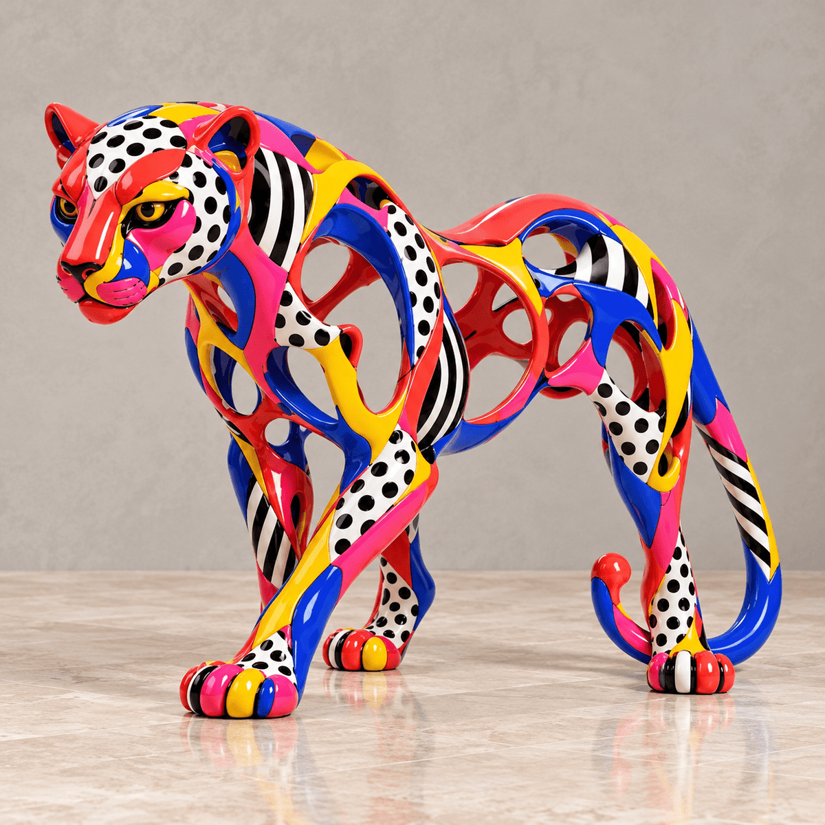 Panther Statue – Carnival Prowl by Rossetti Art – colorful pop art stainless steel panther sculpture on a marble floor