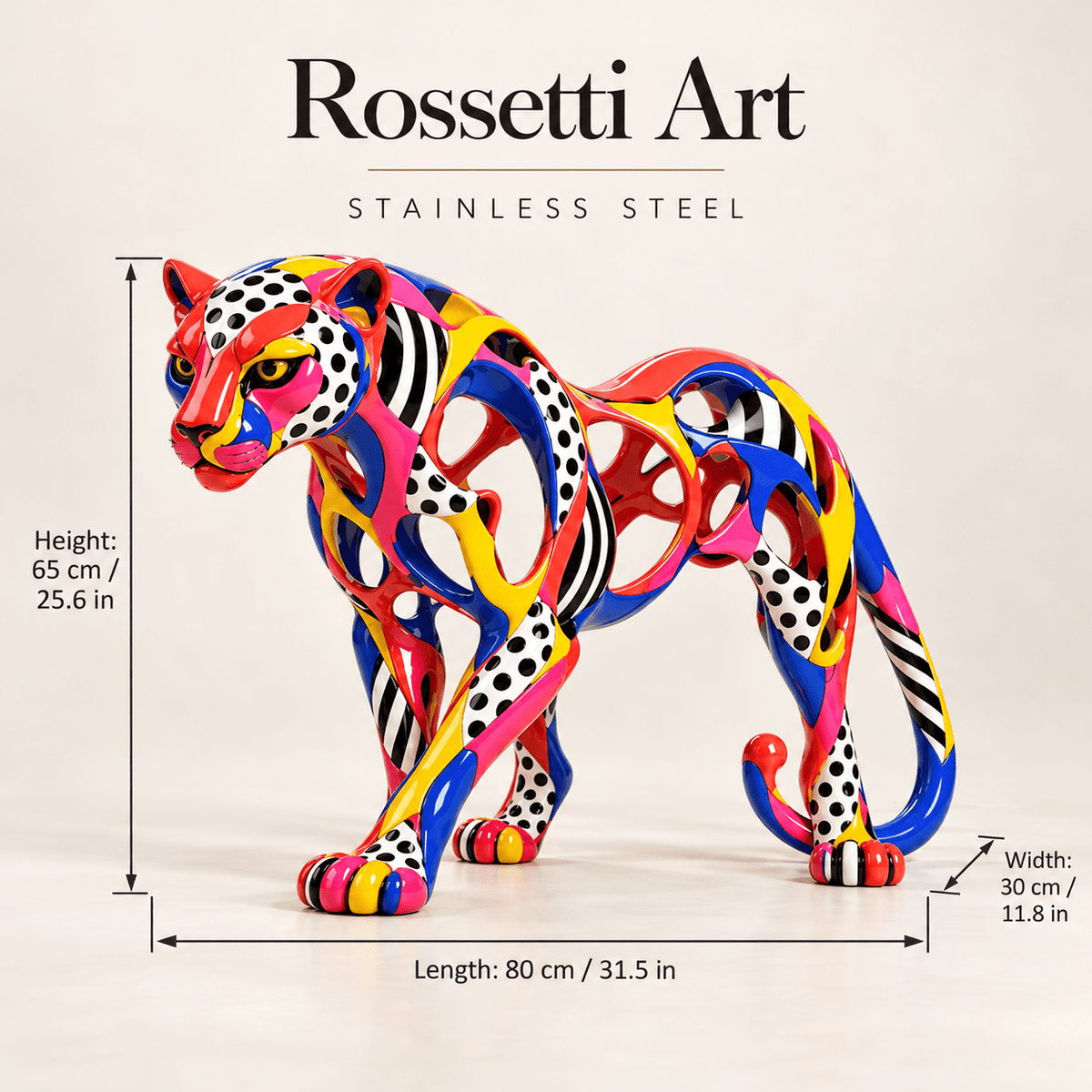 Panther Statue – Carnival Prowl by Rossetti Art – size diagram 80 cm long, 65 cm high, 30 cm wide