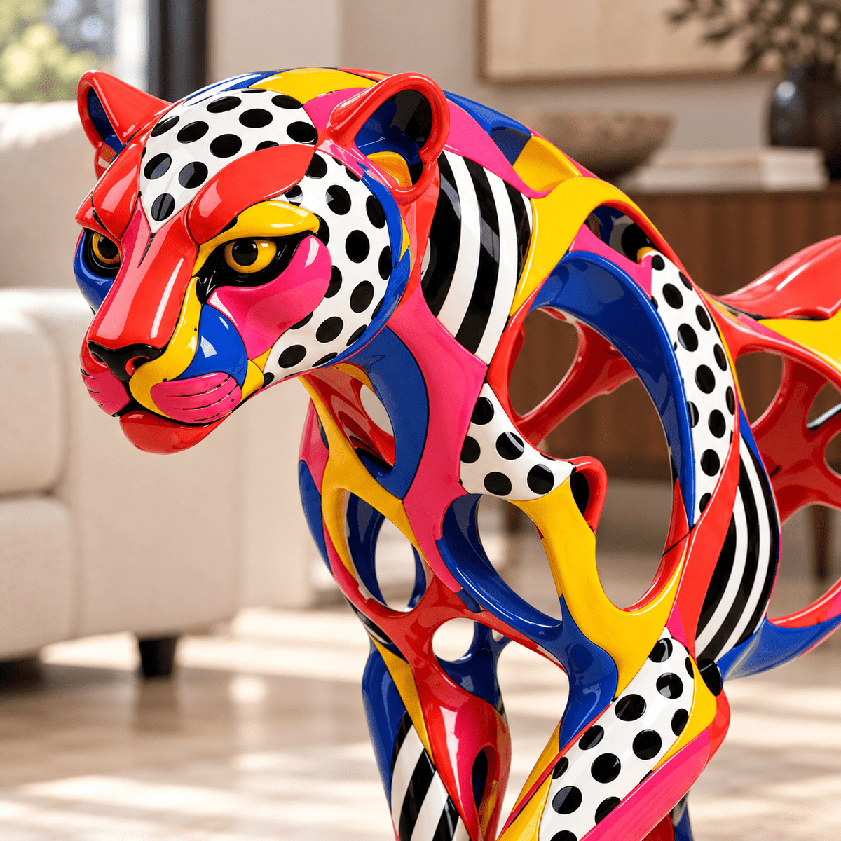 Panther Statue – Carnival Prowl by Rossetti Art – close-up of the head and open cut-out body with dots and stripes